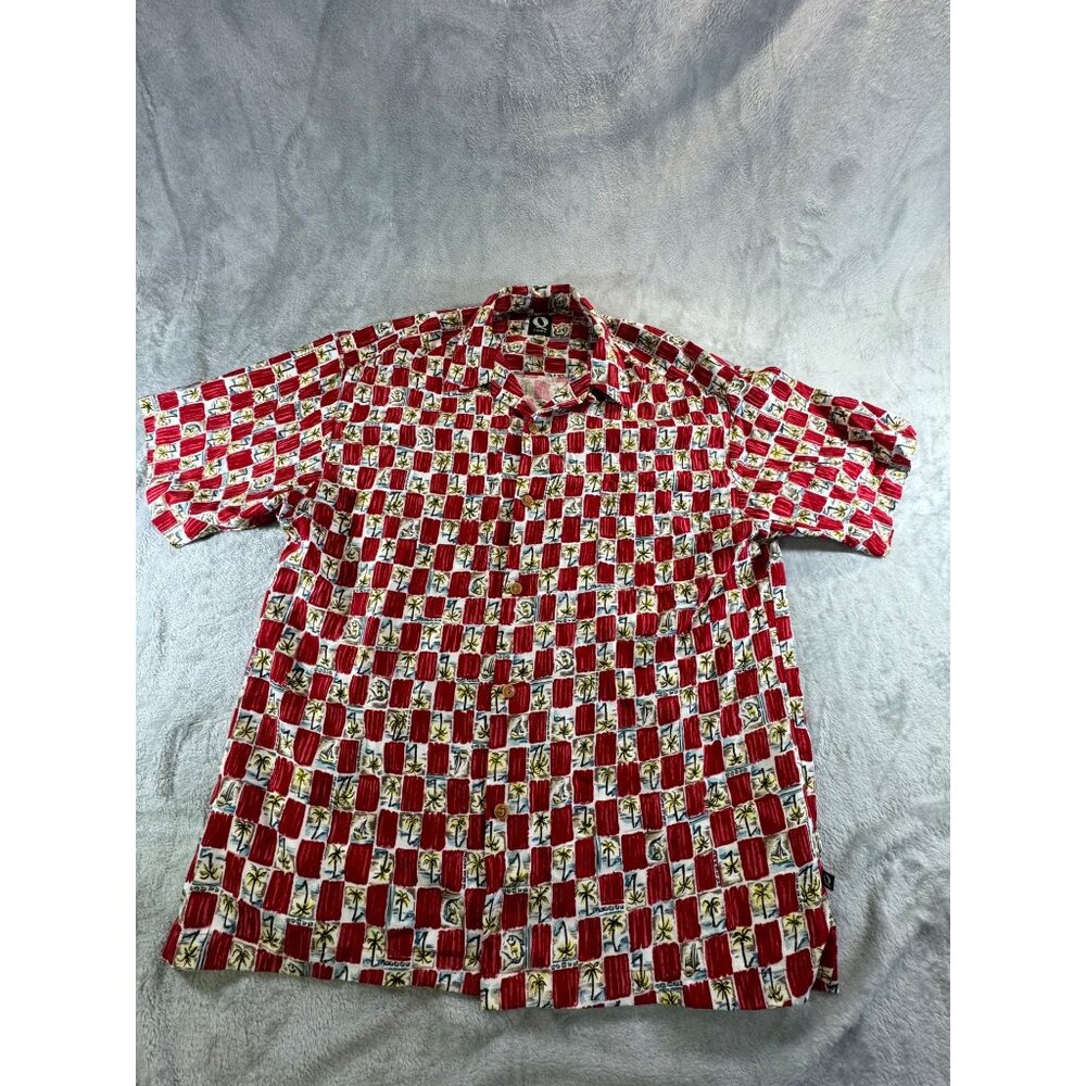 Que shirt Men's Large Short Sleeve Shirt Red Palm Tree Print button down shirt